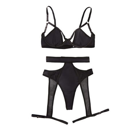 Black mesh splicing lingerie waist seal leg ring two-piece set