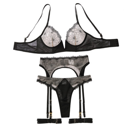 Color blocking perspective fun four piece set of mesh embroidery splicing gathering deep V sexy lingerie set for women