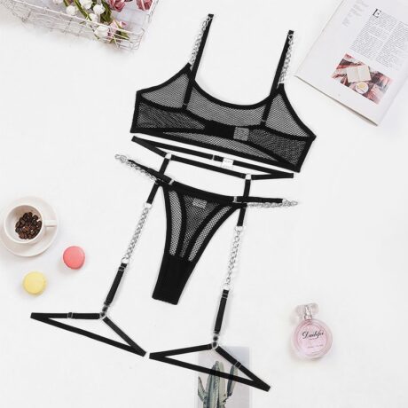 Perspective grid chain sexy lingerie garter belt four piece set for women